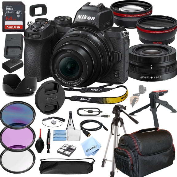 Nikon Z50 Mirrorless Camera with 16-50mm Lens 20.9MP DX-Format CMOS Sensor EXPEED 6 Image Processor + 64GB Memory, Wide Angle + Telephoto Lens, Filters, Case, Tripod + More(International Model)