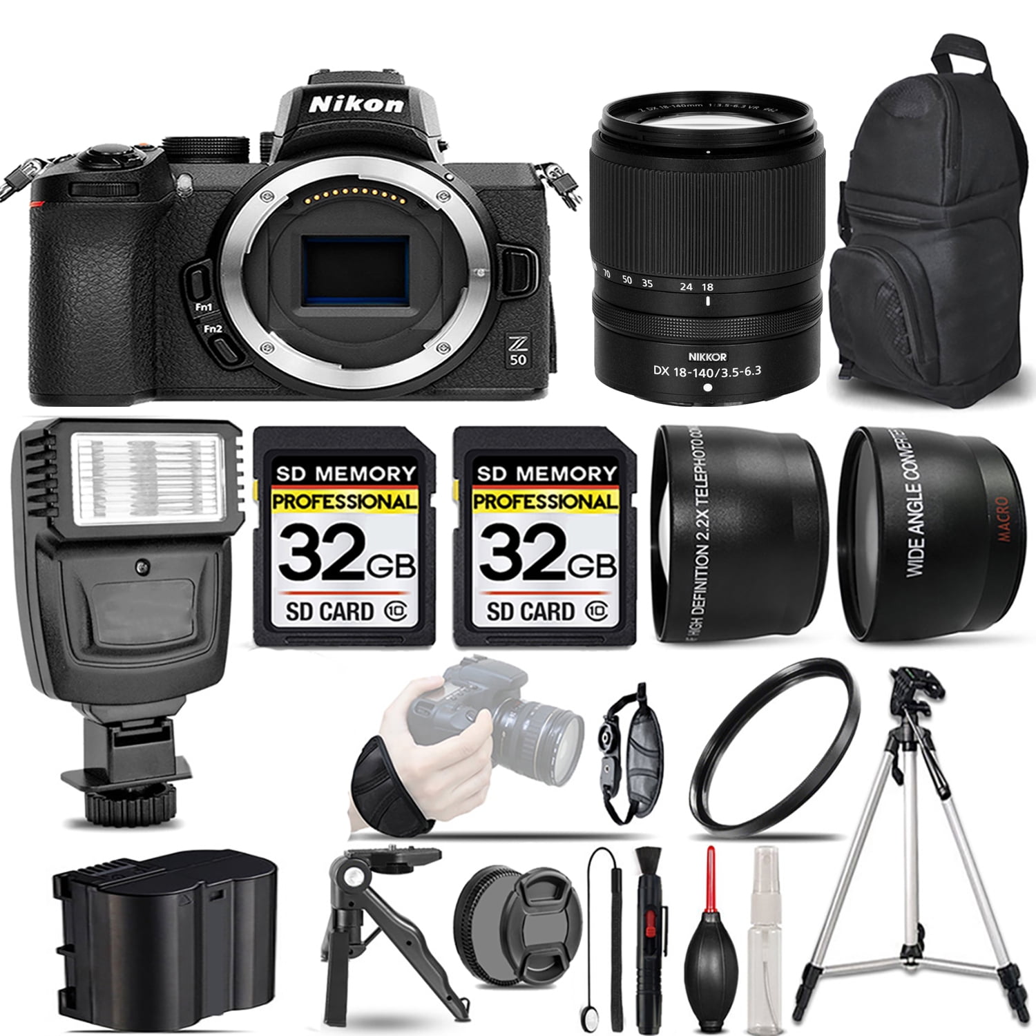 Nikon Z50 Mirrorless Camera +18-140mm f/3.5-6.3 VR Lens +Flash + 