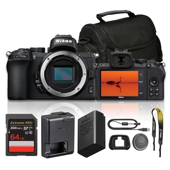 Nikon Z50 Mirrorless Camera Body | 20.9MP DX-Format Sensor, EXPEED 6, 11fps, 4K 30p, 209-Point Hybrid AF, Eye Detection, OLED EVF | With Bag + 64GB Memory Card