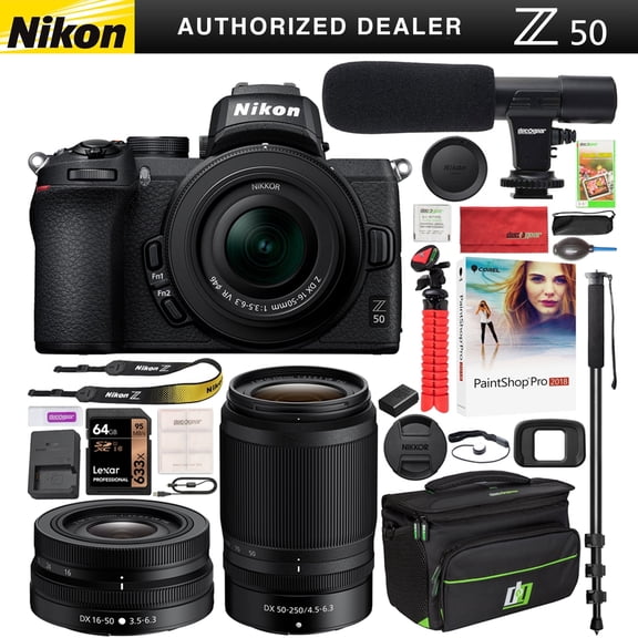 Nikon Z50 Mirrorless Camera Body 4K UHD DX-Format 2 Lens Kit NIKKOR Z DX 16-50mm F/3.5-6.3 VR + Z DX 50-250mm F/4.5-6.3 VR Bundle with Deco Gear Case + Microphone + Monopod| Official Nikon USA Dealer