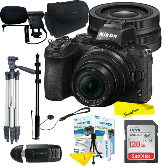 Nikon Z50 Mirrorless Camera Body 4K UHD DX-Format  Lens Kit NIKKOR Z DX 16-50mm F/3.5-6.3 VR with camera Case + Microphone + Monopod + 128GB Card &  Buzz-Photo Accessories
