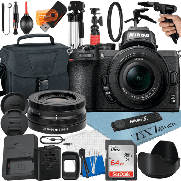 Nikon Z50 Mirrorless Camera Bundle with NIKKOR 16-50mm VR Zoom Lens + 64GB SanDisk Card + Case + Tripod + ZeeTech Accessory (International Version)