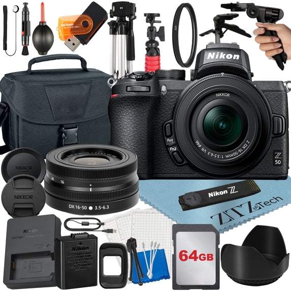 Nikon Z50 Mirrorless Camera Bundle with NIKKOR 16-50mm VR Zoom Lens + 64GB Card + Case + Tripod + ZeeTech Accessory (International Version)