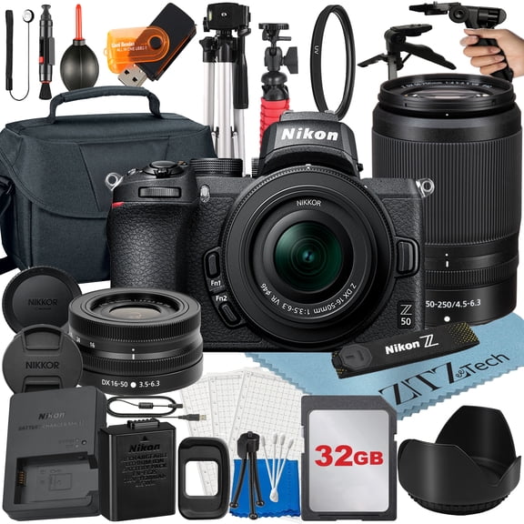 Nikon Z50 Mirrorless Camera Bundle with with NIKKOR 16-50mm + DX 50-250mm Zoom Lens + 32GB Memory Card + Case + Tripod + ZeeTech Accessory (International Version)