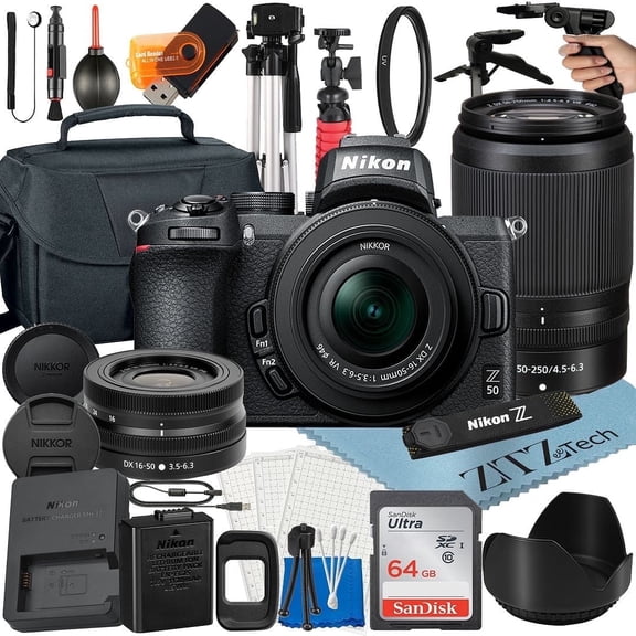 Nikon Z50 Mirrorless Camera Bundle with with NIKKOR 16-50mm + DX 50-250mm Zoom Lens + 64GB Memory Card + Case + Tripod + ZeeTech Accessory