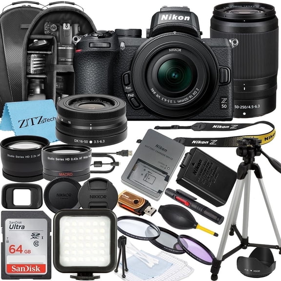 Nikon Z50 Mirrorless Camera with NIKKOR 16-50mm + DX 50-250mm Zoom Lens, SanDisk 64GB Memory Card, Backpack, Flash, Tripod and ZeeTech Accessory Bundle