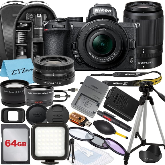 Nikon Z50 Mirrorless Camera with NIKKOR 16-50mm + DX 50-250mm Zoom Lens, 64GB Memory Card, Backpack, Flash, Tripod and ZeeTech Accessory Bundle (International Version)
