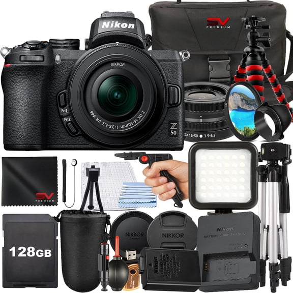 Nikon Z50 Mirrorless Camera with 16-50mm Lens + SanDisk 128GB Memory Card + Pistol Grip Tripod + SV Premium Accessory Bundle (International Version)