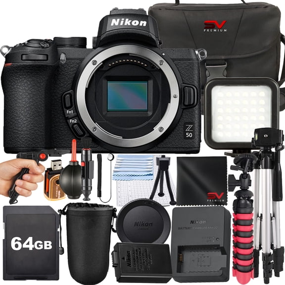 Nikon Z50 Mirrorless Camera + 64GB Memory Card + Pistol Grip Tripod + SV Premium Accessory Bundle (International Version)