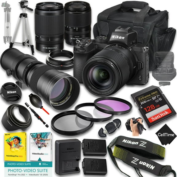 Nikon Z50 Mirrorless Camera with Z DX 18-140mm f/3.5-6.3 VR And 50-250mm f/4.5-6.3 VR & 420-800mm f/8 Lens + 128 GB Memory + Extra Battery + Camera Case + More (27pc Bundle)