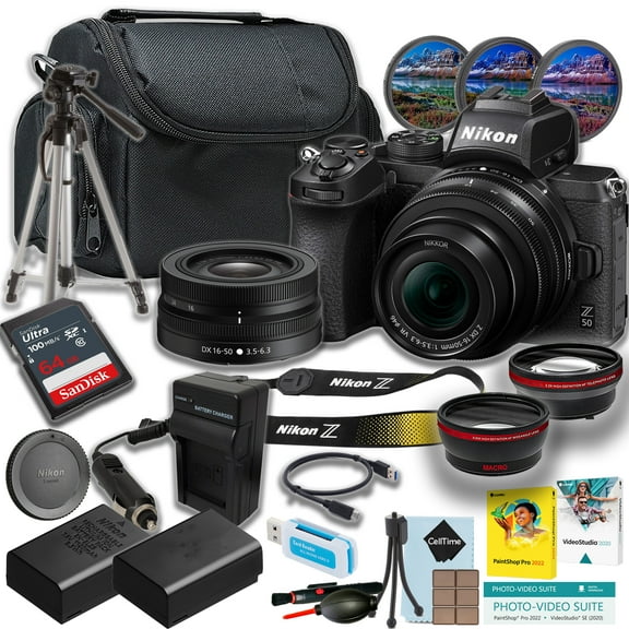 Nikon Z50 Mirrorless Camera with 16-50mm Lens + 64GB Ultra Memory Card + Tripod + Camera Case + More (19pc Bundle) (International Version)
