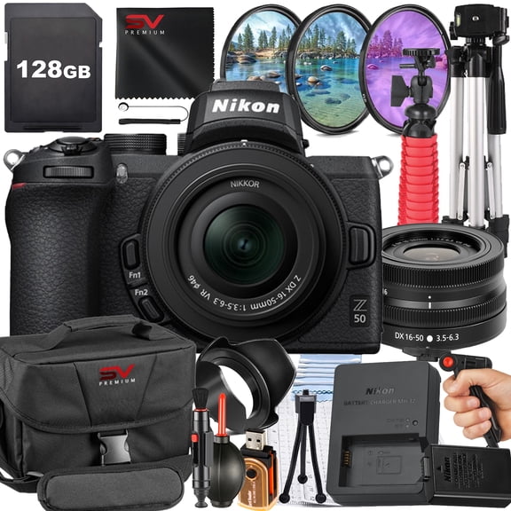 Nikon Z50 Mirrorless Camera with 16-50mm Lens + SanDisk 128GB Memory Card + Pistol Grip Tripod + SV Premium Accessory Bundle (International Version)
