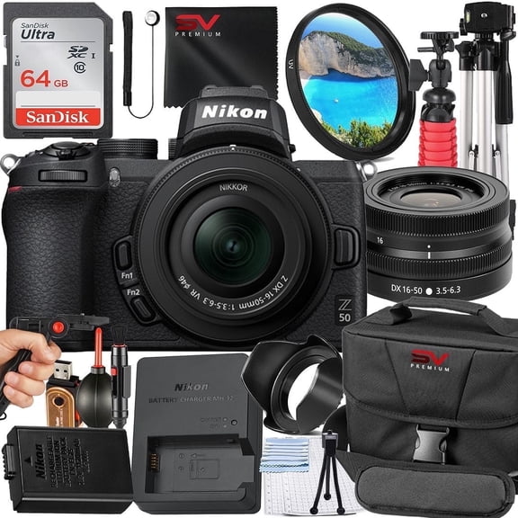 Nikon Z50 Mirrorless Camera with 16-50mm Lens + 64GB Memory Card + Pistol Grip Tripod + SV Premium Accessory Bundle (International Version)