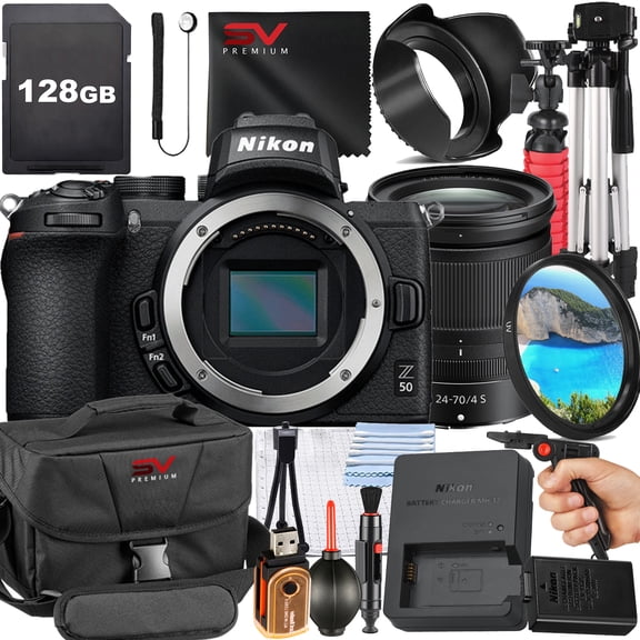 Nikon Z50 Mirrorless Camera with 24-70mm Lens + SanDisk 128GB Memory Card + Pistol Grip Tripod + SV Premium Accessory Bundle (International Version)