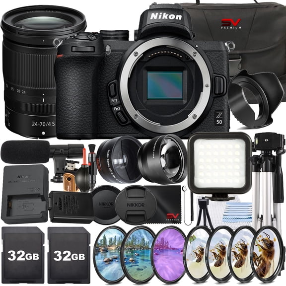 Nikon Z50 Mirrorless Camera with 24-70mm Lens + 32GB Memory Card + Full Size Tripod + SV Premium Accessory Bundle (International Version)