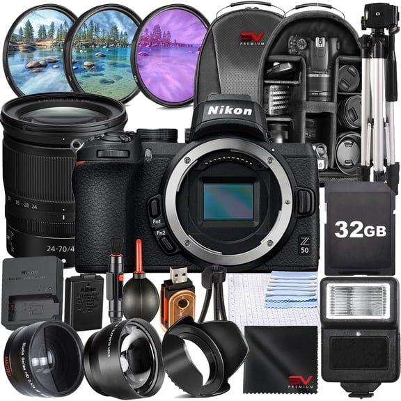 Nikon Z50 Mirrorless Camera with 24-70mm Lens + SanDisk 32GB Memory Card + Full Size Tripod + SV Premium Accessory Bundle (International Version)