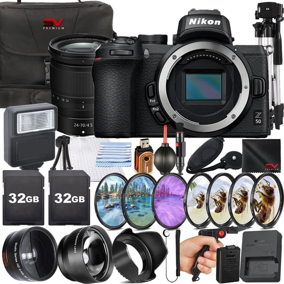Nikon Z50 Mirrorless Camera with 24-70mm Lens + SanDisk 32GB Memory Card + Pistol Grip Tripod + SV Premium Accessory Bundle (International Version)