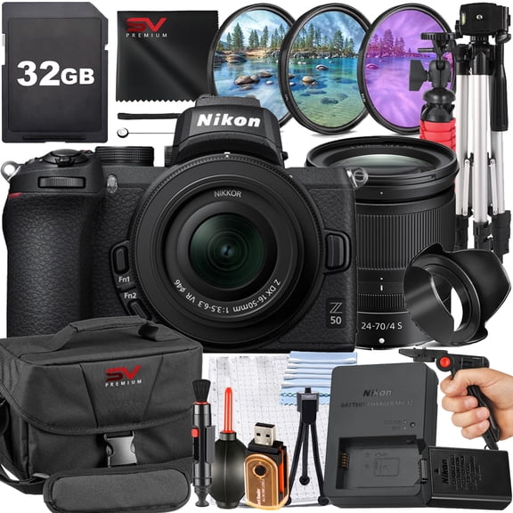 Nikon Z50 Mirrorless Camera with 24-70mm Lens + SanDisk 32GB Memory Card + Pistol Grip Tripod + SV Premium Accessory Bundle (International Version)