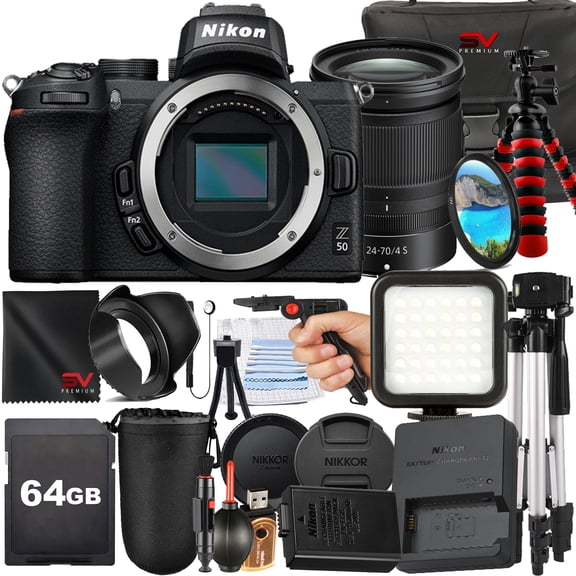 Nikon Z50 Mirrorless Camera with 24-70mm Lens + 64GB Memory Card + Pistol Grip Tripod + SV Premium Accessory Bundle (International Version)