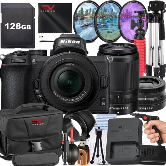 Nikon Z50 Mirrorless Camera with 50-250mm Lens + 128GB Memory Card + Pistol Grip Tripod + SV Premium Accessory Bundle (International Version)