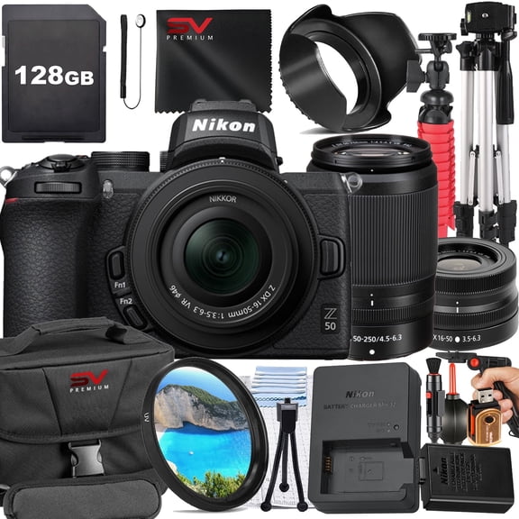 Nikon Z50 Mirrorless Camera with 50-250mm Lens + 128GB Memory Card + Pistol Grip Tripod + SV Premium Accessory Bundle (International Version)