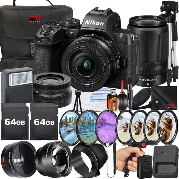 Nikon Z50 Mirrorless Camera with 50-250mm Lens + SanDisk 64GB Memory Card + Pistol Grip Tripod + SV Premium Accessory Bundle (International Version)