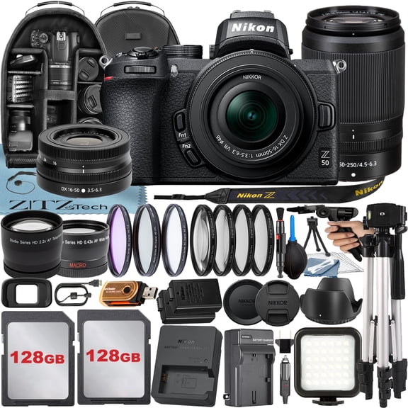 Nikon Z50 Mirrorless Camera with NIKKOR 16-50mm + DX 50-250mm Zoom Lens + 2 Pack 128GB Card + Case + Tripod + ZeeTech Accessory Bundle (International Version)