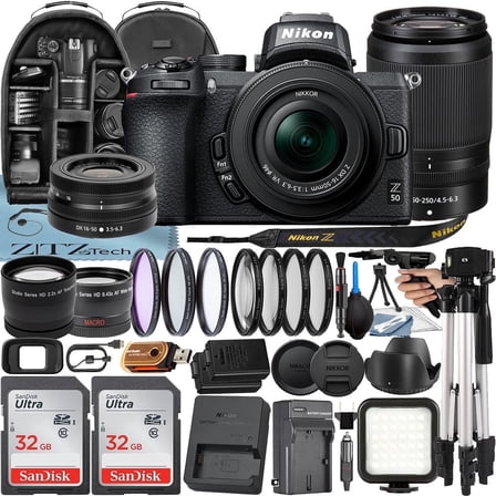 Nikon Z50 Mirrorless Camera with NIKKOR 16-50mm + DX 50-250mm Zoom Lens + 2 Pack 32GB SanDisk Card + Case + Tripod + ZeeTech Accessory Bundle
