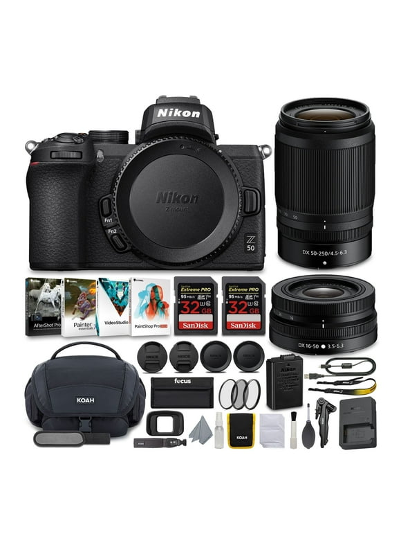 Nikon Z50 Mirrorless Camera with NIKKOR Z 16-50 and 50-250mm VR Lenses and 64GB Card Kit Bundle - New