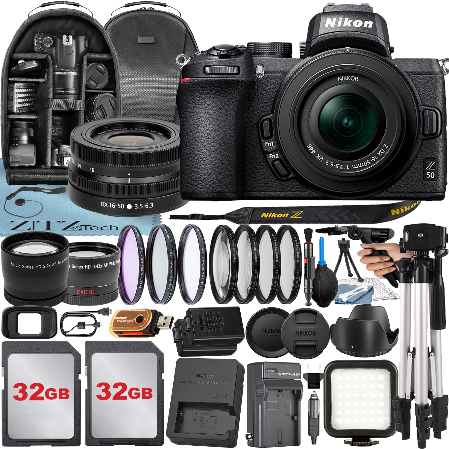 Nikon Z50 Camera Kit with 16-50mm Lens, 2x32GB Cards, Case, Tripod