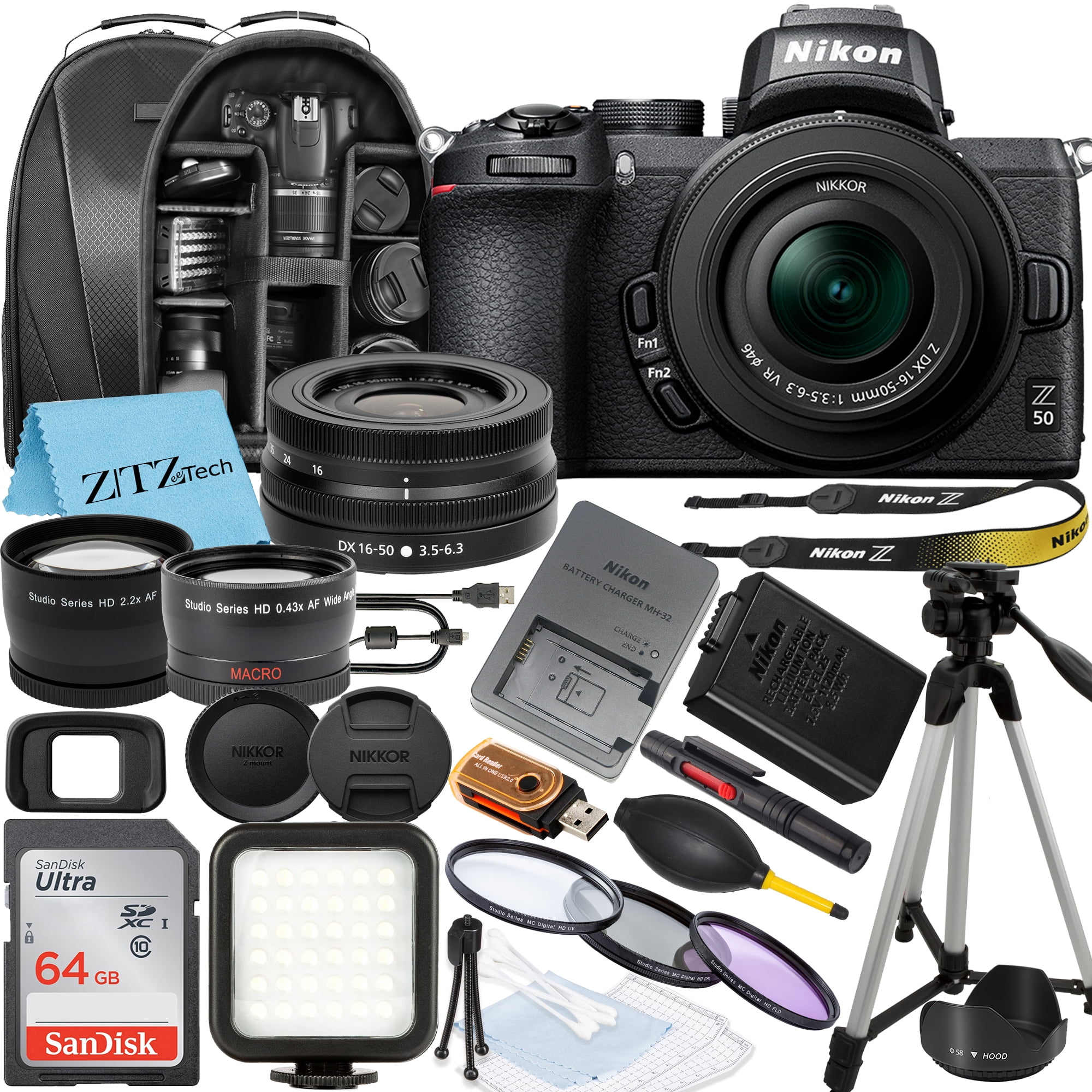 Nikon Z50 Mirrorless Camera Body + 3 Lens Kit 16-50mm Z VR + 32GB + Flash &  More 608410045415