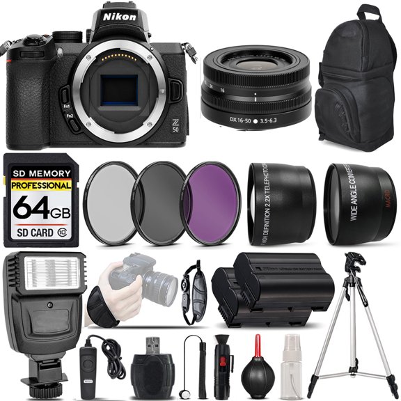 Nikon Z50 Mirrorless Digital Camera with 16-50mm Lens + 0.43X Wide Angle Lens + 2.2x Telephoto Lens + Flash + 64GB Memory Card + UV-CPL-FLD Filters + Remote Control + Wrist Grip -  Versio (Internation
