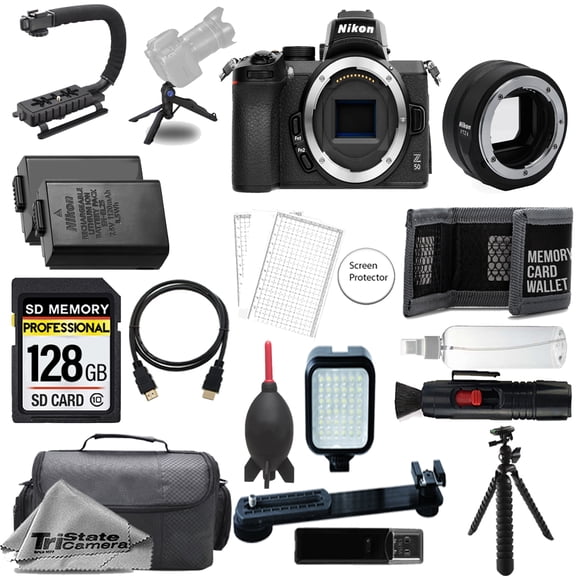 Nikon Z50 Mirrorless Digital Camera (Body) w/ FTZ II Mount Adapter+ 128GB + Extra Battery+ LED Flash- ULTIMATE Kit