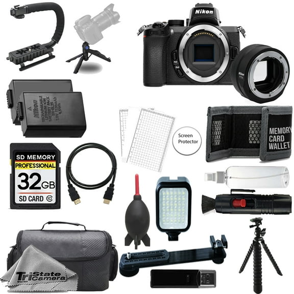Nikon Z50 Mirrorless Digital Camera (Body) w/ FTZ II Mount Adapter+ 32GB + Extra Battery+ LED Flash- ULTIMATE Kit