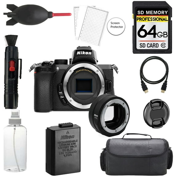 Nikon Z50 Mirrorless Digital Camera (Body) w/ FTZ II Mount Adapter+ 64GB + Bag+ Screen Protector- Basic Kit (International Version)