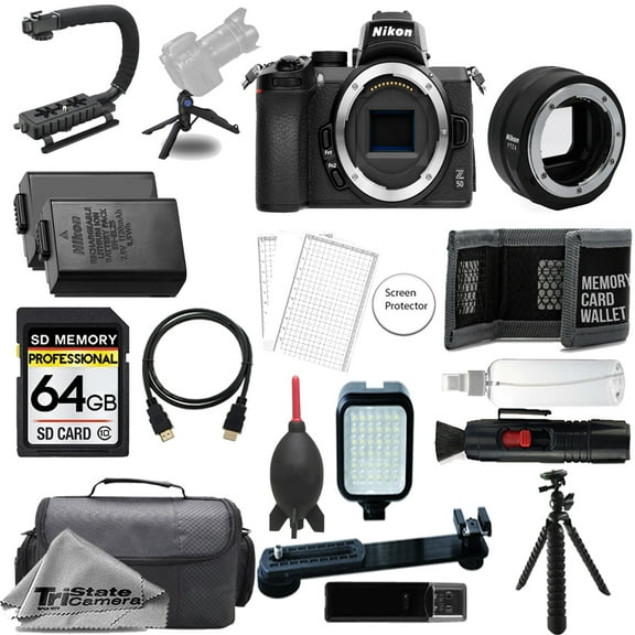 Nikon Z50 Mirrorless Digital Camera (Body) w/ FTZ II Mount Adapter+ 64GB + Extra Battery+ LED Flash- ULTIMATE Kit (International Version)
