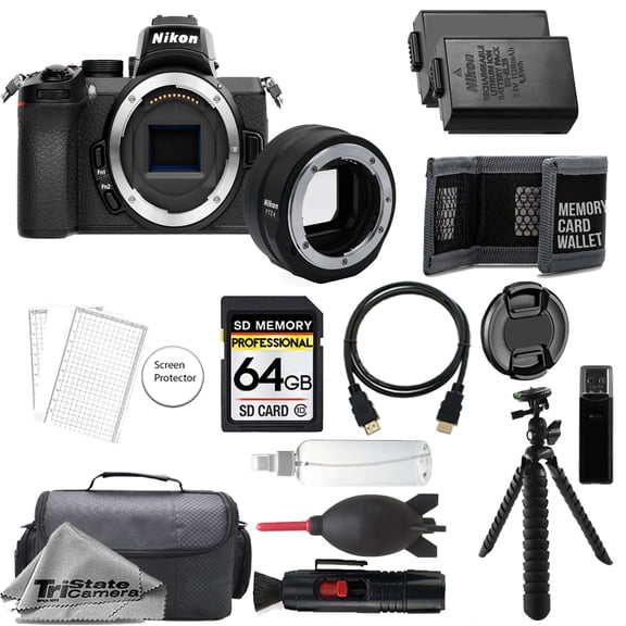 Nikon Z50 Mirrorless Digital Camera (Body) w/ FTZ II Mount Adapter+ 64GB + Extra Battery+ Tripod- Accessory Kit