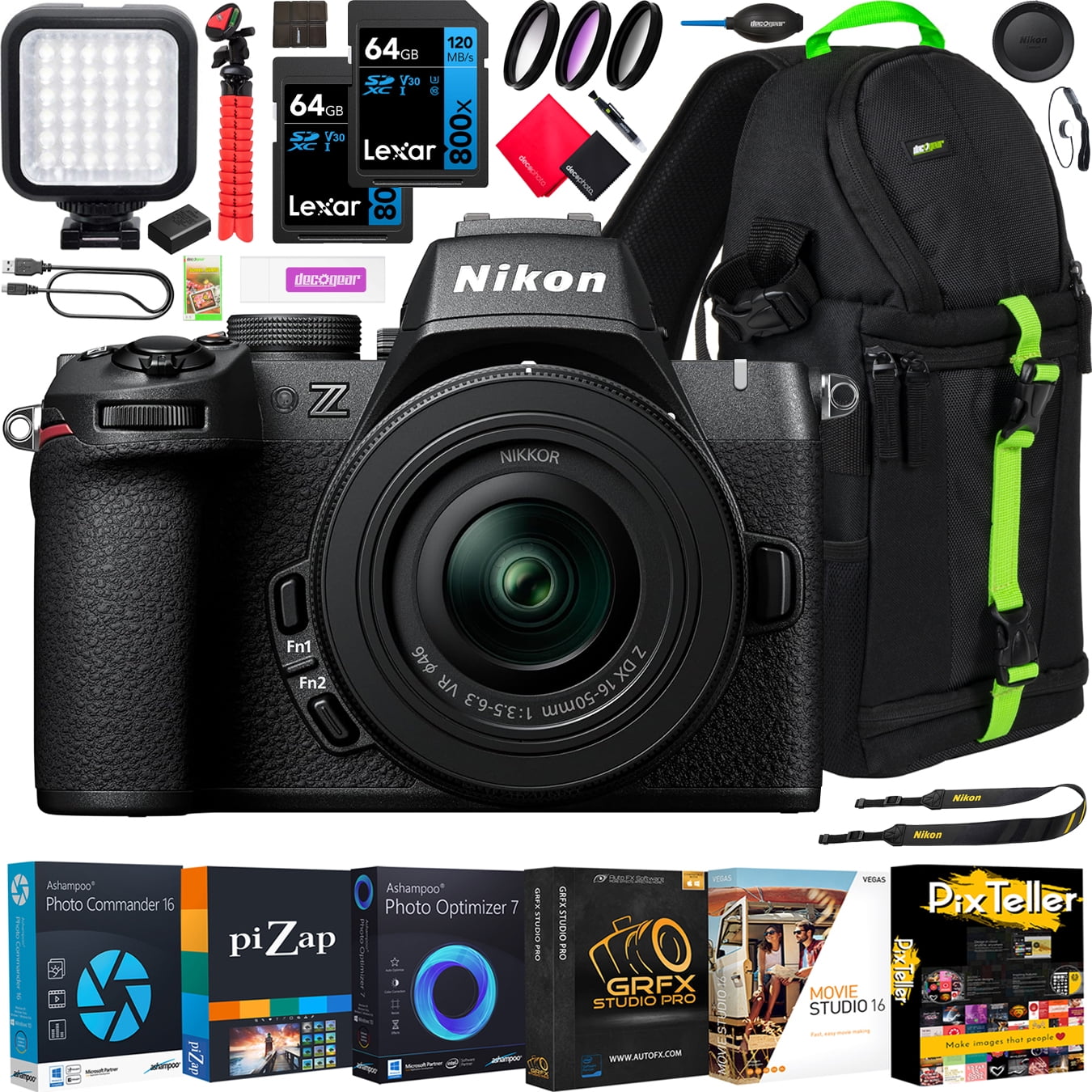 Nikon Z50II Mirrorless Camera 4K DX Body with 16-50mm f/3.5-6.3 VR Lens Kit 1786 Bundle with Deco Gear Photography Backpack +LED + Pack of 2 64GB Memory Cards + Software & Accessories