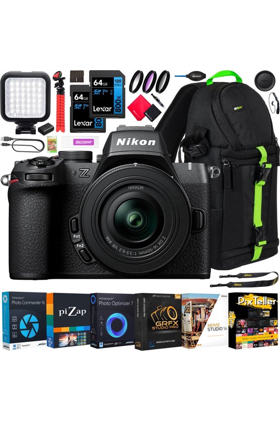 Z50II Mirrorless Camera 4K DX Body with 16-50mm f/3.5-6.3 VR Lens Kit 1786 Bundle with Deco Gear Backpack + LED + 2 64GB Memory Cards + Software & Accessories | Official Nikon USA Partner