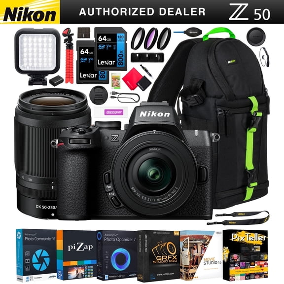 Nikon Z50II Mirrorless Camera 4K DX Body with 2 Lens Kit 16-50mm + 50-250mm VR 1788 Bundle with Deco Gear Backpack +LED + 2 64GB Memory Cards + Software & Accessories | Official Nikon USA Partner