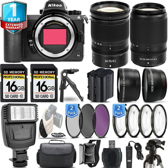 Nikon Z6 II Mirrorless Camera with 50-250mm f/4.5-6.3 VR Lens + 24-70mm f/4 S Lens + Flash + 32Gb + 3 PC Filter Set + Remote- Kit