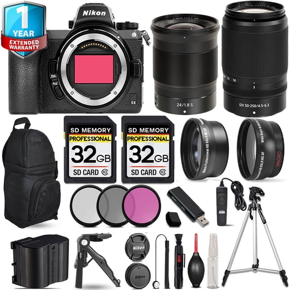 Nikon Z6 II Mirrorless Camera with 50-250mm f/4.5-6.3 VR Lens + 24mm f/1.8 S Lens + 3 PC Filter Set + Backpack + 64GB (International Version)