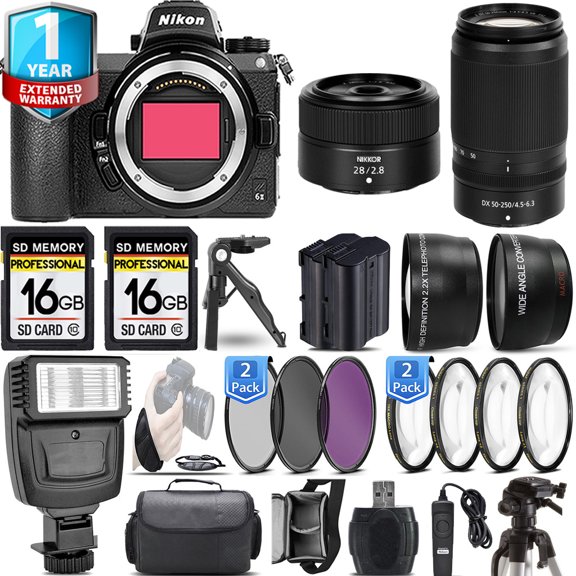 Nikon Z6 II Mirrorless Camera with 50-250mm f/4.5-6.3 VR Lens + 28mm f/2.8 Lens + Flash + 32Gb + 3 PC Filter Set + Remote- Kit (International Version)