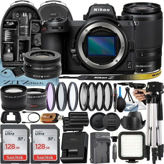 Nikon Z6 II Mirrorless Camera with NIKKOR 16-50mm + DX 50-250mm Zoom Lens + 2 Pack 128GB Memory Card + Case + Tripod + ZeeTech Accessory Bundle (International Version)
