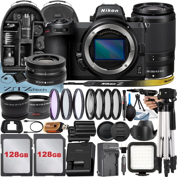 Nikon Z6 II Mirrorless Camera with NIKKOR 16-50mm + DX 50-250mm Zoom Lens + 2 Pack 128GB Memory Card + Case + Tripod + ZeeTech Accessory Bundle (International Version)