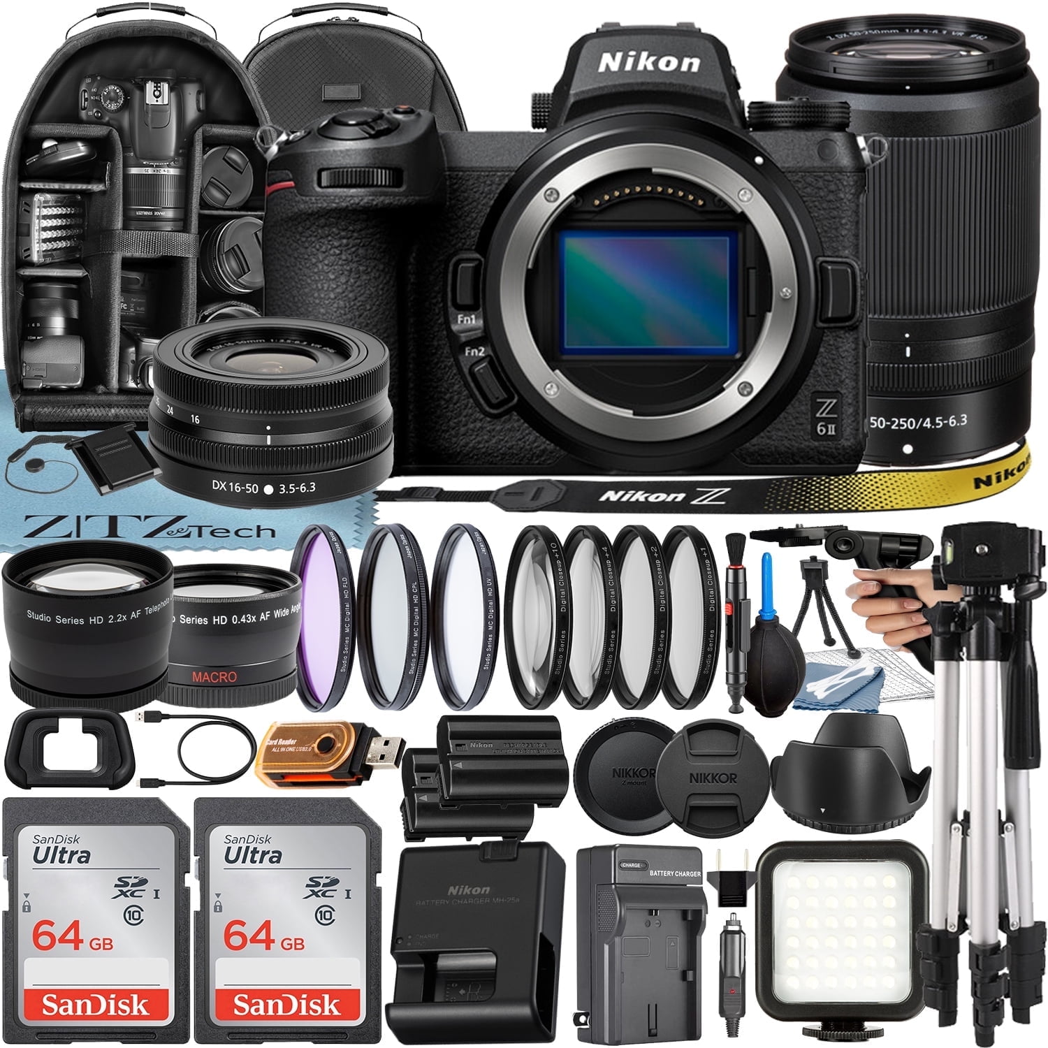 Nikon Z6 II Mirrorless Camera with NIKKOR 16-50mm + DX 50-250mm Zoom Lens + 2 Pack 64GB SanDisk Card + Case + Tripod + ZeeTech Accessory Bundle