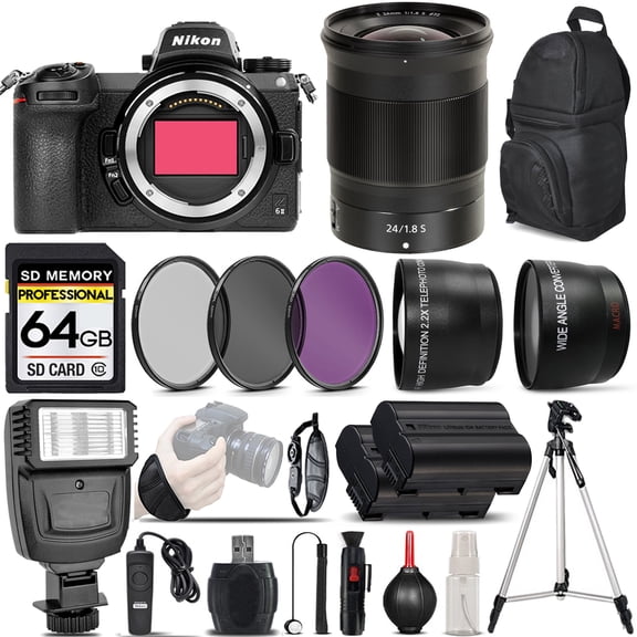 Nikon Z6 II Mirrorless Digital Camera with 24mm f/1.8 S Lens + 0.43X Wide Angle Lens + 2.2x Telephoto Lens + Flash + 64GB Memory Card + UV-CPL-FLD Filters + Remote Control + Wrist Grip - (Internation