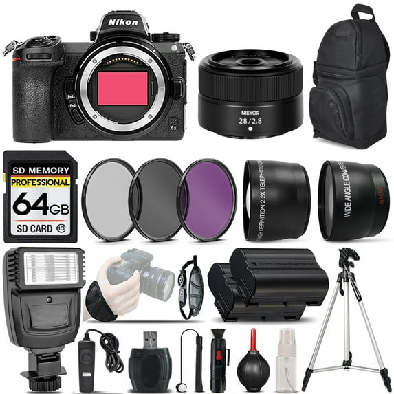 Nikon Z6 II Mirrorless Digital Camera with 28mm f/2.8 Lens + 0.43X Wide Angle Lens + 2.2x Telephoto Lens + Flash + 64GB Memory Card + UV-CPL-FLD Filters + Remote Control + Wrist Grip -  V (Internation