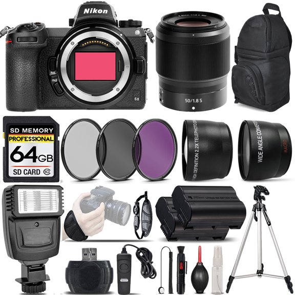 Nikon Z6 II Mirrorless Digital Camera with 50mm f/1.8 S Lens + 0.43X Wide Angle Lens + 2.2x Telephoto Lens + Flash + 64GB Memory Card + UV-CPL-FLD Filters + Wireless Remte -  (International Version)