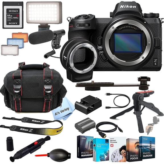 Nikon Z6 Mirrorless Digital Camera 24.5MP Body No Lens+ FTZ Mount Adapter + Shot-Gun Microphone + LED Always on Light+ 64GB G Series XQD Memory Card, Gripod, Case (International Model)